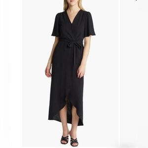 Fraiche By J Faux Wrap Flutter Sleeve V Neck Black  Tie Belt Line Maxi Dress XL